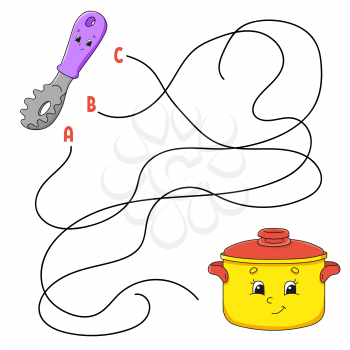 Easy maze. Spaghetti spoon and stewpan. Labyrinth for kids. Activity worksheet. Puzzle for children. Cartoon character. Logical conundrum. Color vector illustration.