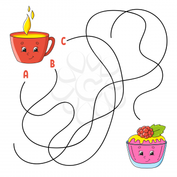 Easy maze. Cup and cake. Labyrinth for kids. Activity worksheet. Puzzle for children. Cartoon character. Logical conundrum. Color vector illustration.