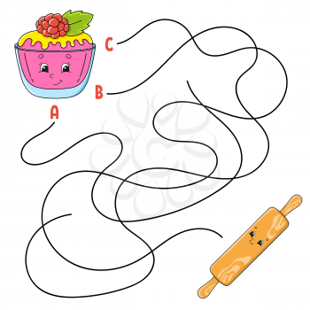 Easy maze. Cake and rolling pin. Labyrinth for kids. Activity worksheet. Puzzle for children. Cartoon character. Logical conundrum. Color vector illustration.