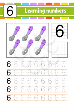Number 6. Trace and write. Handwriting practice. Learning numbers for kids. Education developing worksheet. Activity page. Isolated vector illustration in cute cartoon style.