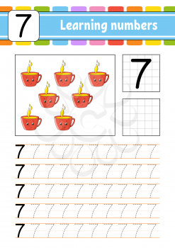 Number 7. Trace and write. Handwriting practice. Learning numbers for kids. Education developing worksheet. Activity page. Isolated vector illustration in cute cartoon style.