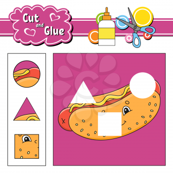 Cut and glue. Game for kids. Education developing worksheet. Cartoon character. Color activity page. Hand drawn. Isolated vector illustration.