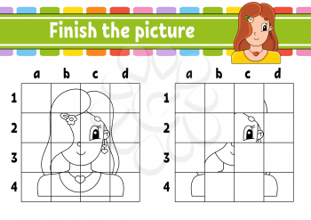 Finish the picture. Coloring book pages for kids. Education developing worksheet. Game for children. Handwriting practice. Cartoon character. Vector illustration.