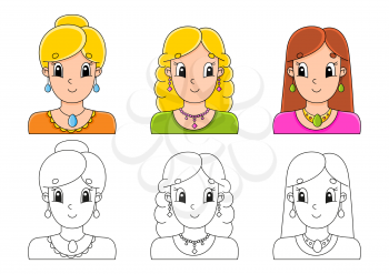 Set coloring page for kids. Cute cartoon characters. Black stroke. With sample. Vector illustration.
