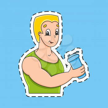 Sticker with contour. Strong smiling young man. Cartoon character. Colorful vector illustration. Isolated on color background. Template for your design.
