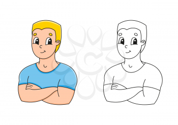 Coloring book for kids. Strong smiling young man. Cheerful character. Vector illustration. Cute cartoon style. Black contour silhouette. Isolated on white background.