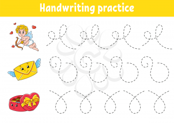 Handwriting pactice. Education developing worksheet. Activity page. Valentine's Day. Color game for children. Isolated vector illustration. Cartoon character.