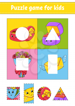 Puzzle game for kids. Cut and paste. Cutting practice. Learning shapes. Education worksheet. Valentine's Day. Circle, square, rectangle, triangle. Activity page.Cartoon character.