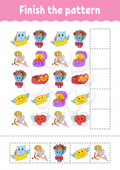 Finish the pattern. Cut and play. Education developing worksheet. Activity page. Valentine's Day. Cartoon character.