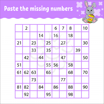 Paste the missing numbers from 1 to 100. Handwriting practice. Learning numbers for kids. Education developing worksheet. Game for children. Isolated vector illustration in cute cartoon style.