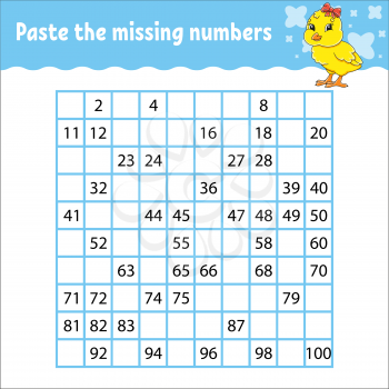 Paste the missing numbers from 1 to 100. Handwriting practice. Learning numbers for kids. Education developing worksheet. Game for children. Isolated vector illustration in cute cartoon style.