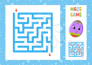 Square maze. Game for kids. Puzzle for children. Happy character. Labyrinth conundrum. Color vector illustration. Find the right path. With answer. Isolated vector illustration. Cartoon style.