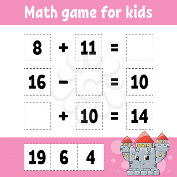 Math game for kids. Education developing worksheet. Activity page with pictures. Game for children. Color isolated vector illustration. Funny character. Cartoon style.