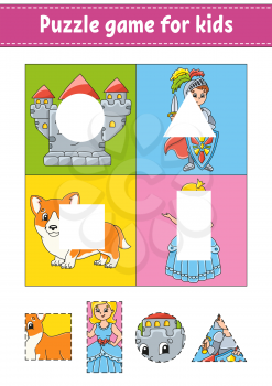 Puzzle game for kids. Cut and paste. Cutting practice. Learning shapes. Education worksheet. Circle, square, rectangle, triangle. Activity page.Cartoon character.