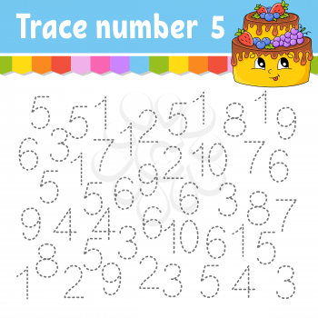 Trace number . Handwriting practice. Learning numbers for kids. Education developing worksheet. Activity page. Game for toddlers and preschoolers. Isolated vector illustration in cute cartoon style.