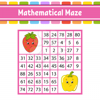 Mathematical maze. Game for kids. Number labyrinth. Education developing worksheet. Activity page. Puzzle for children. Cartoon characters. Riddle for preschool. Color vector illustration