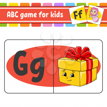 ABC flash cards. Alphabet for kids. Learning letters. Education worksheet. Activity page for study English. Color game for children. Isolated vector illustration. Cartoon style.