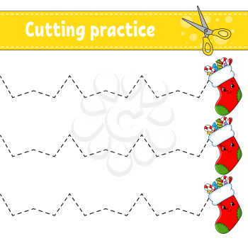 Cutting practice for kids. Education developing worksheet. Activity page. Color game for children. Isolated vector illustration. Cartoon character.