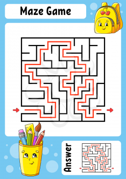 Square maze. Game for kids. Funny labyrinth. Education developing worksheet. Activity page. Puzzle for children. Cartoon style. Back to school. Logical conundrum. Color vector illustration.