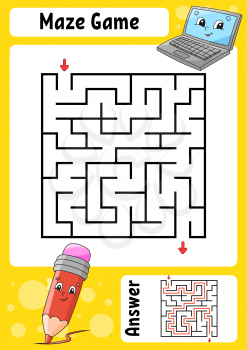 Square maze. Game for kids. Funny labyrinth. Education developing worksheet. Activity page. Puzzle for children. Cartoon style. Back to school. Logical conundrum. Color vector illustration.