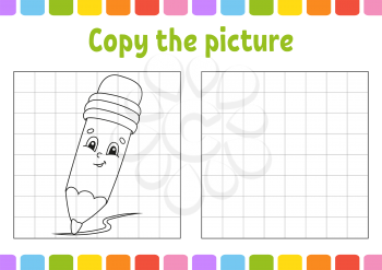 Copy the picture. Coloring book pages for kids. Education developing worksheet. Game for children. Back to school. Handwriting practice. Funny character. Cute cartoon vector illustration.