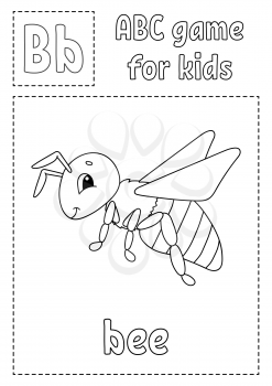 Letter B is for bee. ABC game for kids. Alphabet coloring page. Cartoon character. Word and letter. Vector illustration.