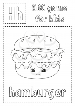 Letter H is for hamburger. ABC game for kids. Alphabet coloring page. Cartoon character. Word and letter. Vector illustration.