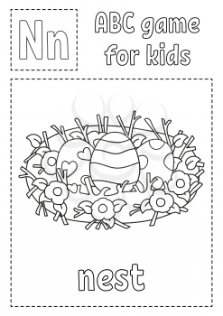 Letter N is for nest. ABC game for kids. Alphabet coloring page. Cartoon character. Word and letter. Vector illustration.