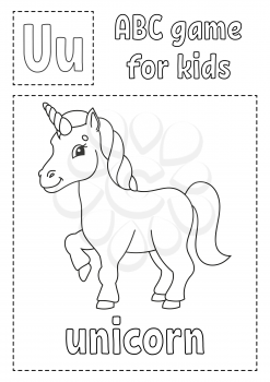 Letter U is for unicorn. ABC game for kids. Alphabet coloring page. Cartoon character. Word and letter. Vector illustration.