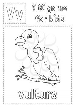 Letter V is for vulture. ABC game for kids. Alphabet coloring page. Cartoon character. Word and letter. Vector illustration.