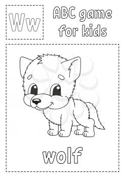 Letter W is for wolf. ABC game for kids. Alphabet coloring page. Cartoon character. Word and letter. Vector illustration.