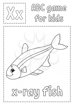 Letter X is for x-ray fish. ABC game for kids. Alphabet coloring page. Cartoon character. Word and letter. Vector illustration.