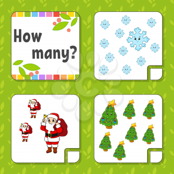 Counting game for children. Happy characters. Learning mathematics. How many object in the picture. Education worksheet. Christmas theme. Isolated vector illustration in cute cartoon style.