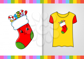T-shirt design. Cute character on shirt. Christmas theme. Hand drawn. Colorful vector illustration. Cartoon style. Isolated on white background.