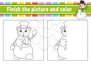 Finish the picture and color. Christmas theme. Cartoon character isolated on white background. For kids education. Activity worksheet.