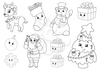Coloring book for kids. Christmas theme. Cheerful characters. Vector illustration. Cute cartoon style. Black contour silhouette. Isolated on white background.