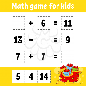 Math game for kids. Christmas theme. Education developing worksheet. Activity page with pictures. Game for children. Color isolated vector illustration. Funny character. Cartoon style.
