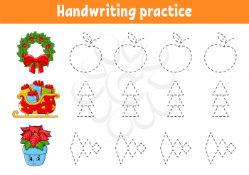 Handwriting pactice. Christmas theme. Education developing worksheet. Activity page. Color game for children. Isolated vector illustration. Cartoon character.