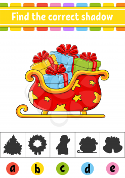 Find the correct shadow. Education developing worksheet. Christmas theme. Activity page. Color game for children. Isolated vector illustration. Cartoon character.