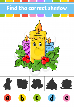 Find the correct shadow. Education developing worksheet. Christmas theme. Activity page. Color game for children. Isolated vector illustration. Cartoon character.
