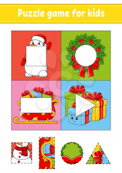 Puzzle game for kids. Cut and paste. Christmas theme. Cutting practice. Learning shapes. Education worksheet. Circle, square, rectangle, triangle. Activity page. Cartoon character.