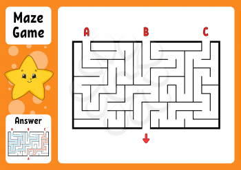Rectangle maze. Game for kids. Three entrances, one exit. Puzzle for children. Labyrinth conundrum. Color vector illustration. Find the right path. With answer. Cartoon character. Education worksheet.