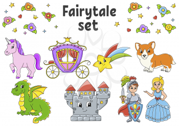 Set of stickers with cute cartoon characters. Fairytale theme. Hand drawn. Colorful pack. Vector illustration. Patch badges collection. Label design elements. For daily planner, diary, organizer.