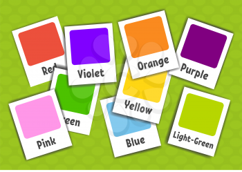 Flash cards. Learning colors. Vector illustration isolated on green background. Cartoon style.