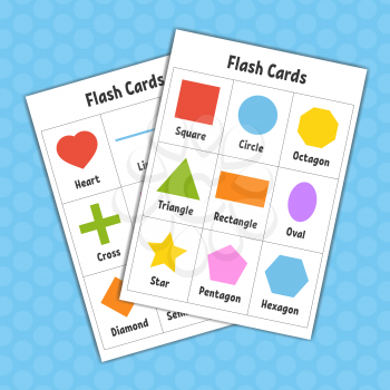 Flash cards. Learning shapes. Education developing worksheet. Activity page for kids. Color game for children. Vector illustration. Cartoon style.