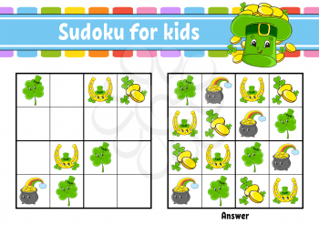Sudoku for kids. Education developing worksheet. Cartoon character. Color activity page. Puzzle game for children. Logical thinking training. Isolated vector illustration. St. Patrick's day.