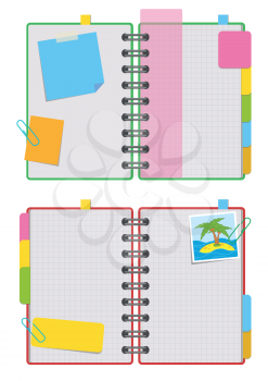 An open organizer with clean sheets on a spiral and with bookmarks between the pages. Colorful vector illustration isolated on white background. With space for text or image