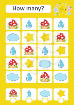 Counting game for preschool children. The study of mathematics. How many items in the picture. Mushroom, drop, cloud, star. With a place for answers. Simple flat isolated vector illustration