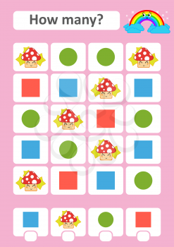 Counting game for preschool children. The study of mathematics. How many items in the picture. Mushroom, square, circle. With a place for answers. Simple flat isolated vector illustration