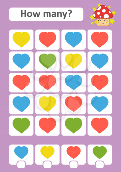 Counting game for preschool children. The study of mathematics. How many items in the picture. Color hearts. With a place for answers. Simple flat isolated vector illustration